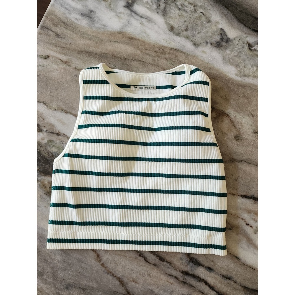 Forever 21 Womens Small White Green Striped Ribbed Knit Cropped Padded Tank Top - Picture 2 of 6